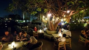 outdoor seating under a big tree at Boatyard in Fort Lauderdale