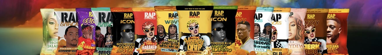 Rap Snacks Header with multiple snack bag previews