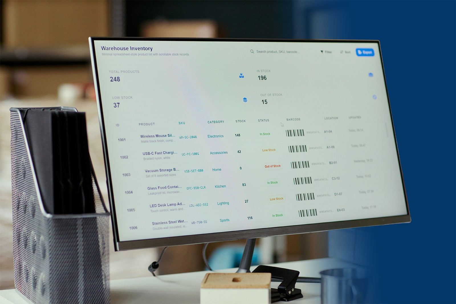 Close up of desktop monitor displaying warehouse inventory dashboard, tracking stock levels, barcodes, product records for logistics management, retail operations, supply chain marketing