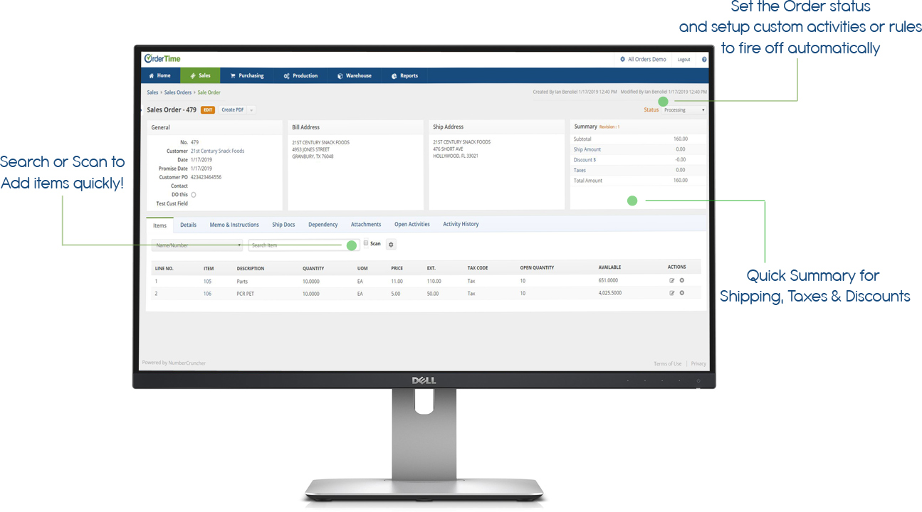 sales order screen in order time inventory